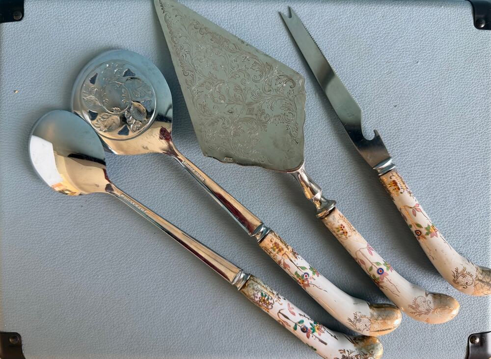 Vintage House of Prill Sheffield England Serving Set 4pc Porcelain Handles
